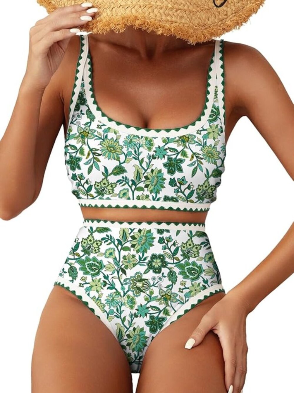 green/white floral high waisted bikini, size small